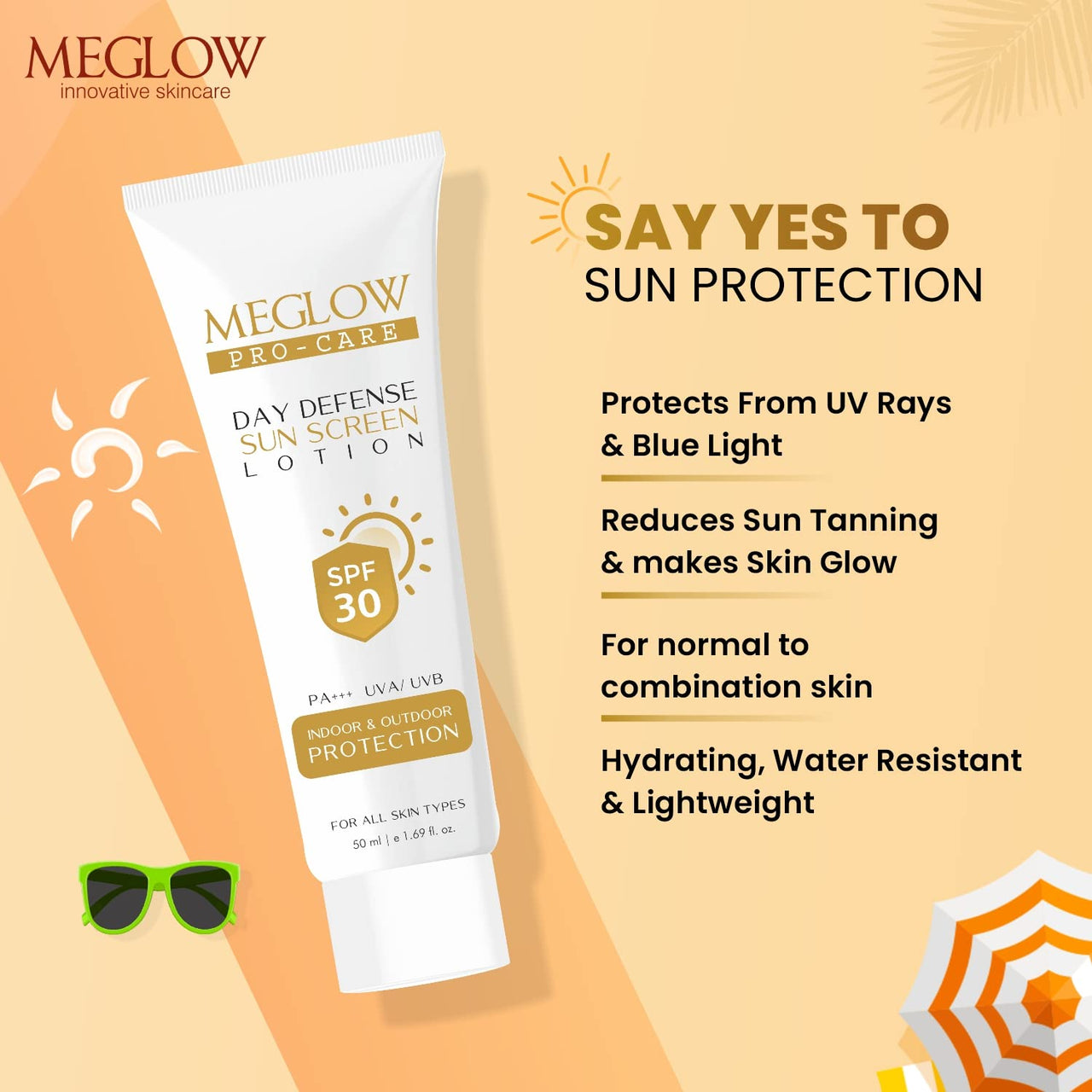 Meglow Skincare Combo Pack of 2 - Meglow Pro-Care Day Defense Sunscreen lotion with-SPF 30 PA+++ with Meglow BB+ Cream | Sun Protection & Everyday Makeup Look | For All Skin Types