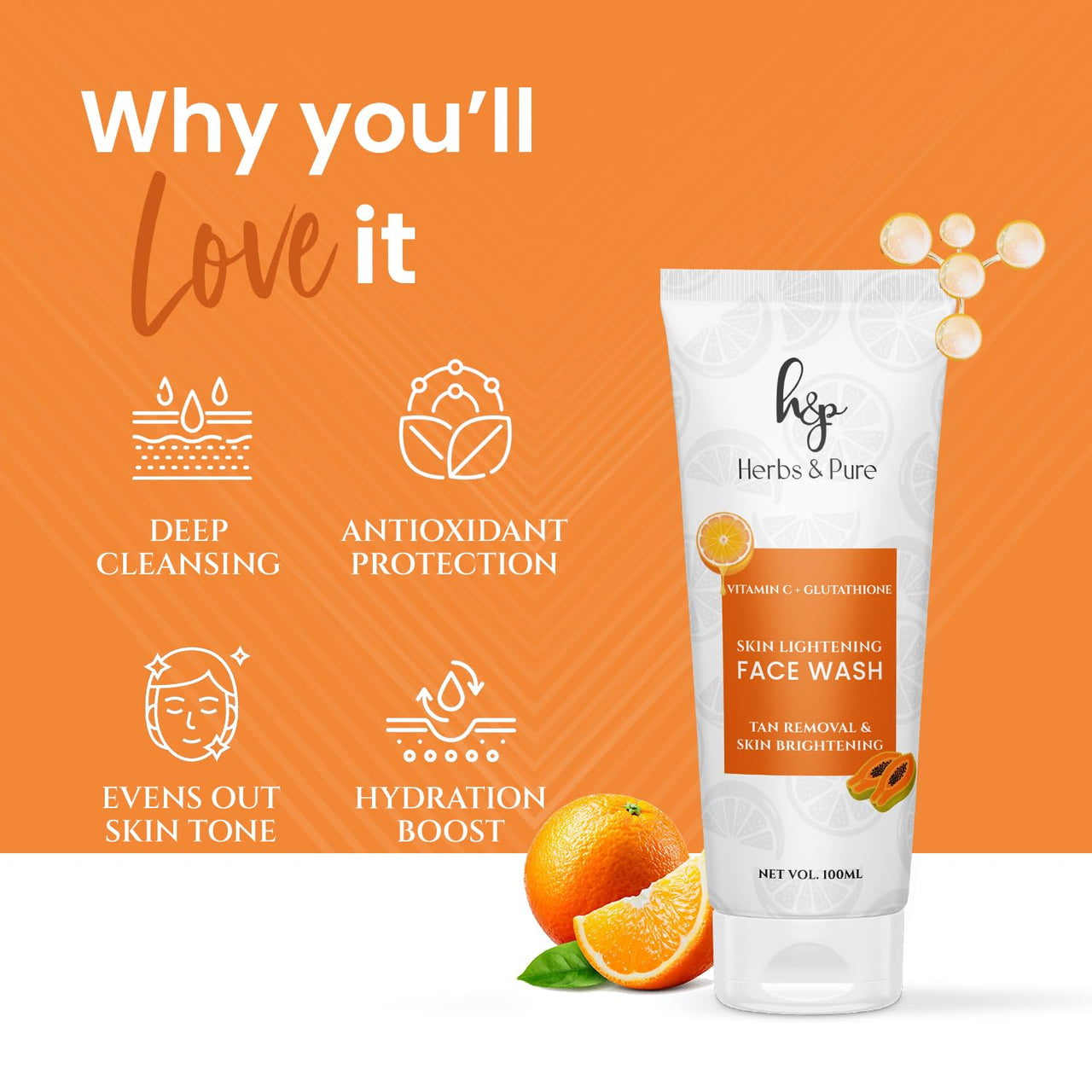 Herbs and Pure Vitamin C & Glutathione Face Wash (100ML) for Glowing Skin & De tan Scrub (100ML) for Anti Pigmentation- Pack Of 2