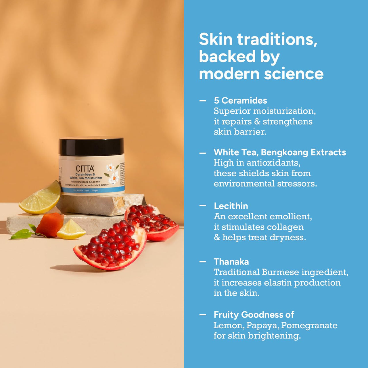 CITTA Ceramides & White Tea Moisturizer for Men & Women | Hydrating Face Moisturizer with Niacinamide for Dry Skin | Daily Use for All Skin Types | Power Blend of Ceramides & White Tea | 50 gm
