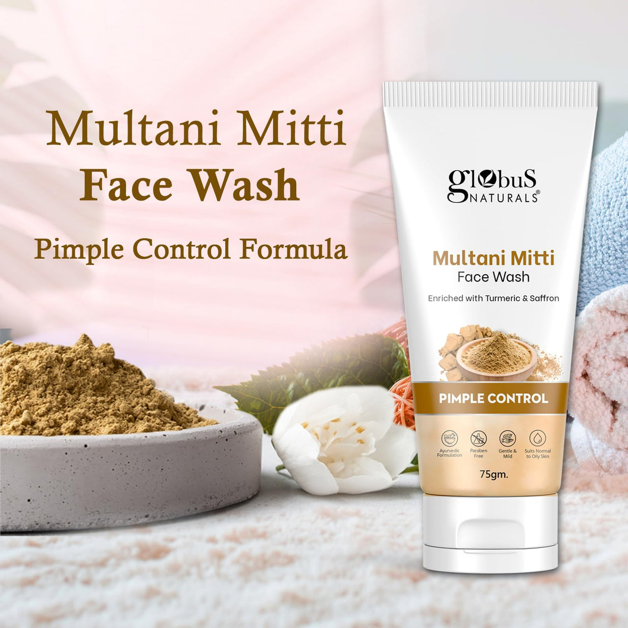 Globus Naturals Multani Mitti Face Wash, Enriched With Turmeric & Saffron, For Pimple Control, Suitable For Oily & Acne Prone Skin, 75 gm