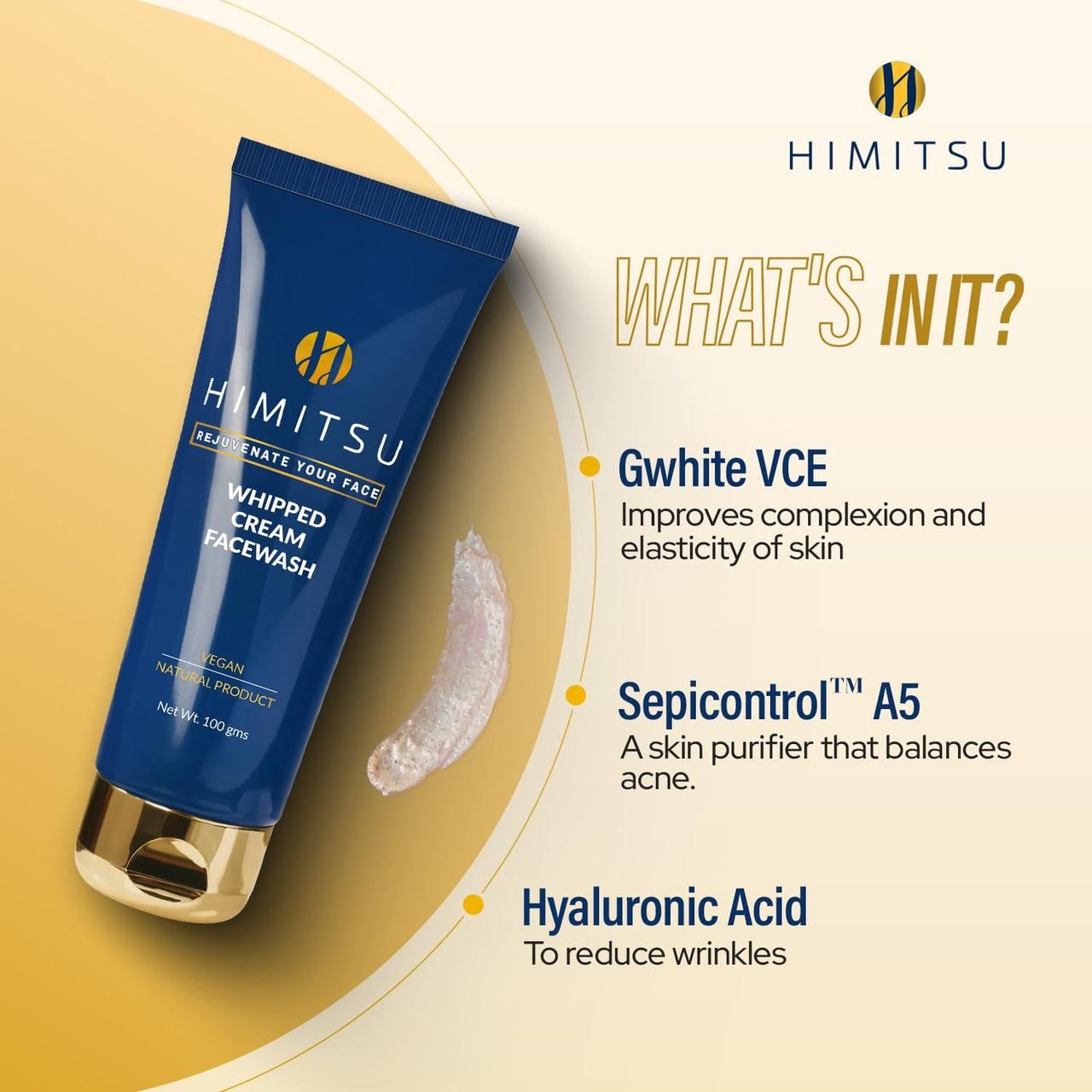Himitsu Vitamin C & Hyaluronic Acid Face Wash for Brightening, Deep Cleaning, Hydrating & Moisturising Gentle Whipped Cream Texture Facial Cleanser with Glycine & Cinnamon for All Skin Types 100g