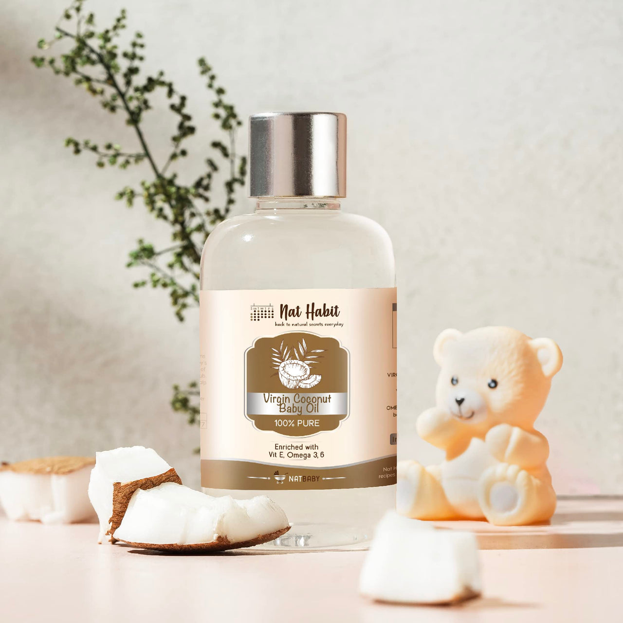 Nat Habit 100% Pure Virgin Coconut Baby Massage Oil For Baby Skin & Hair, Enriched With Vit E & Omega-3, 6 Non-Refined, LLP Free, Chemical & Preservative Free - 100 ml