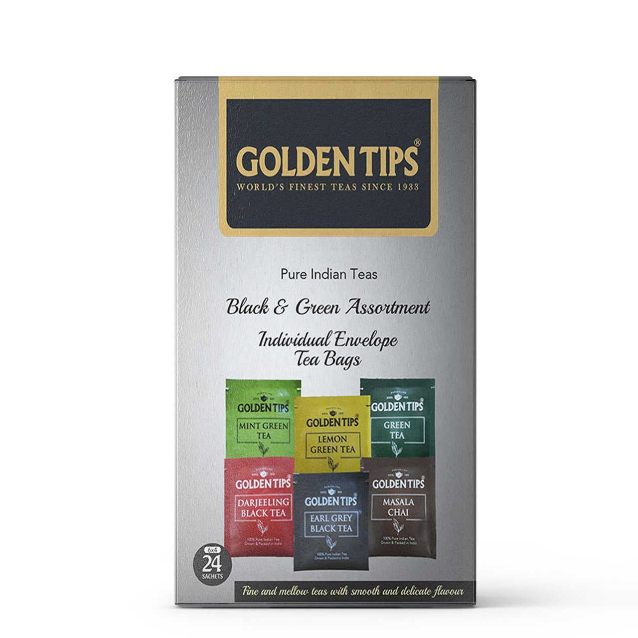 Golden Tips-Tea Bags 100% Pure Indian Black & Green Assortment Individual Tea Bags | 24 Tea Bags | 48 Grams