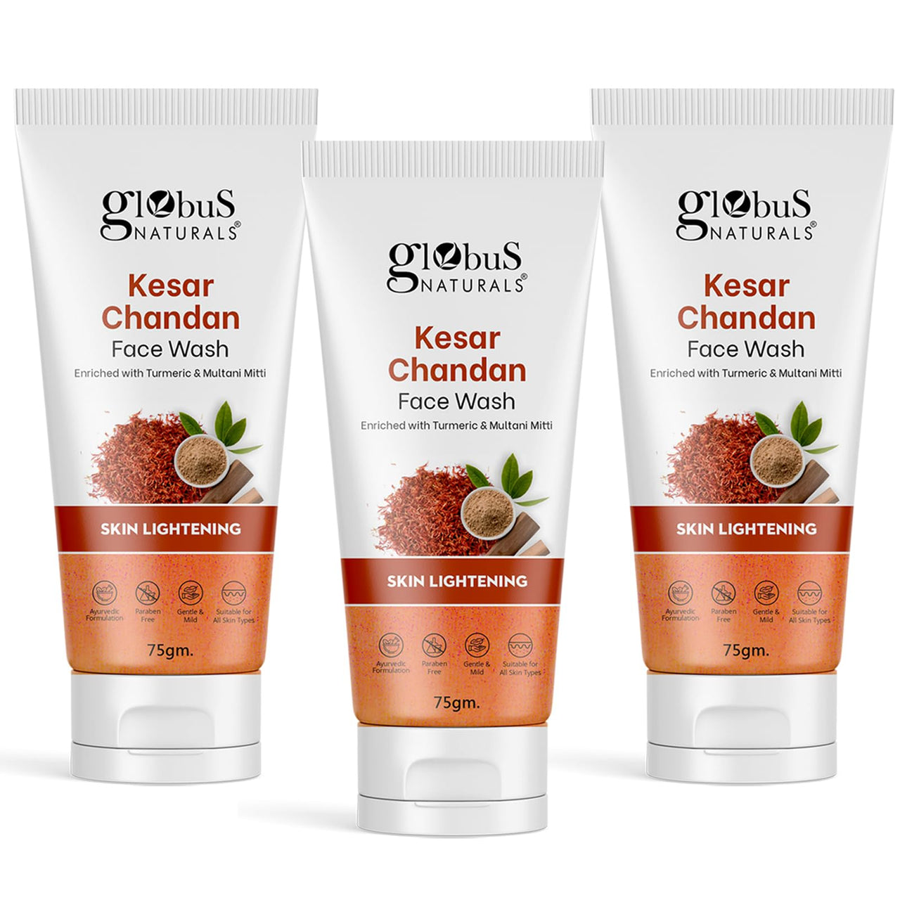 Globus Naturals Kesar Chandan Skin Lightening & Tan Removal Face wash, For Natural Glow & Spotless Skin, Suitable For All Skin Types, 75 ml (Pack of 3)