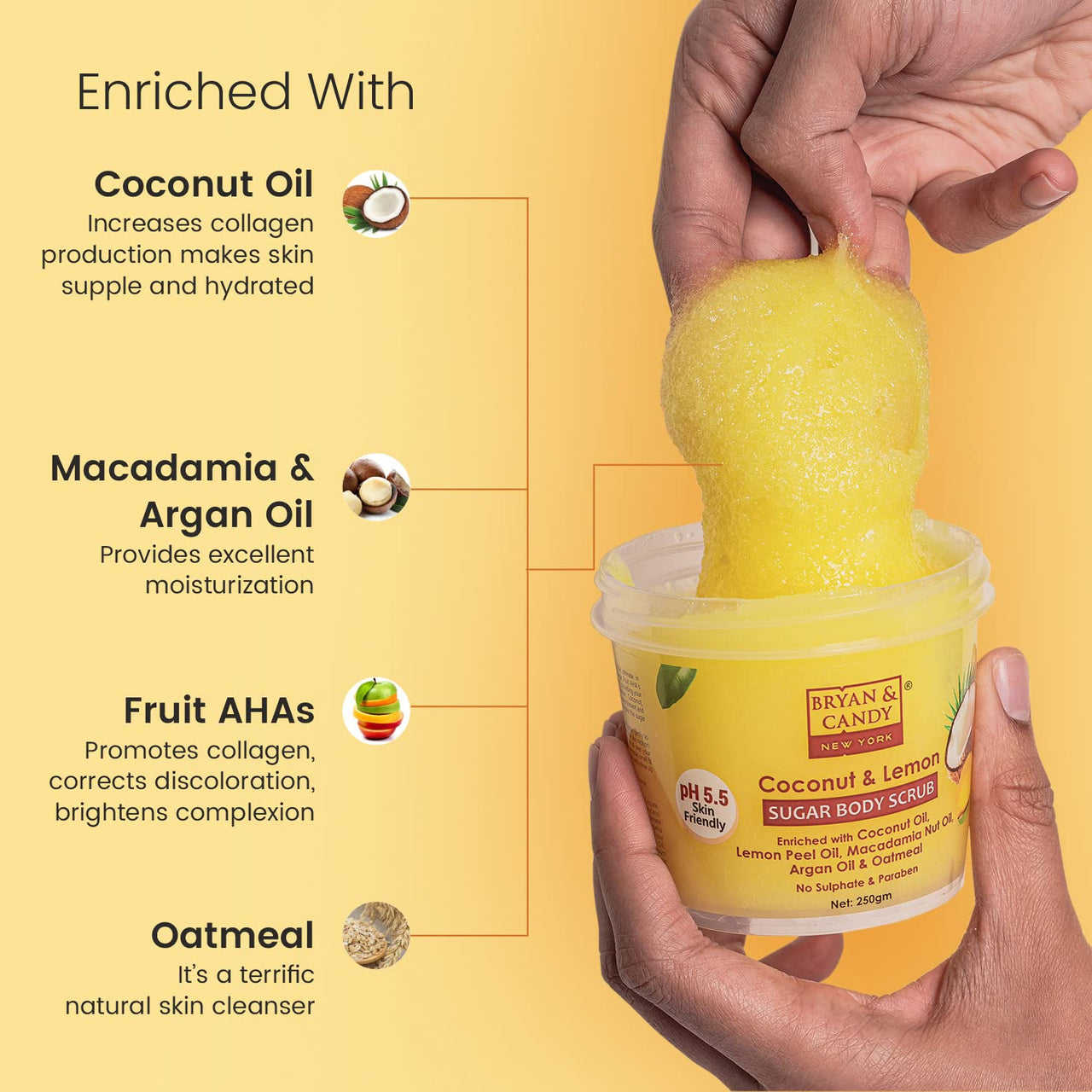 Bryan & Candy Coconut & Lemon Sugar Body Scrub PH 5.5 For Tan Removal & Exfoliation | For Women & Men |Coconut oil, Lemon peel oil, Oatmeal, Macadamia and Argan oil for smooth skin - 250g