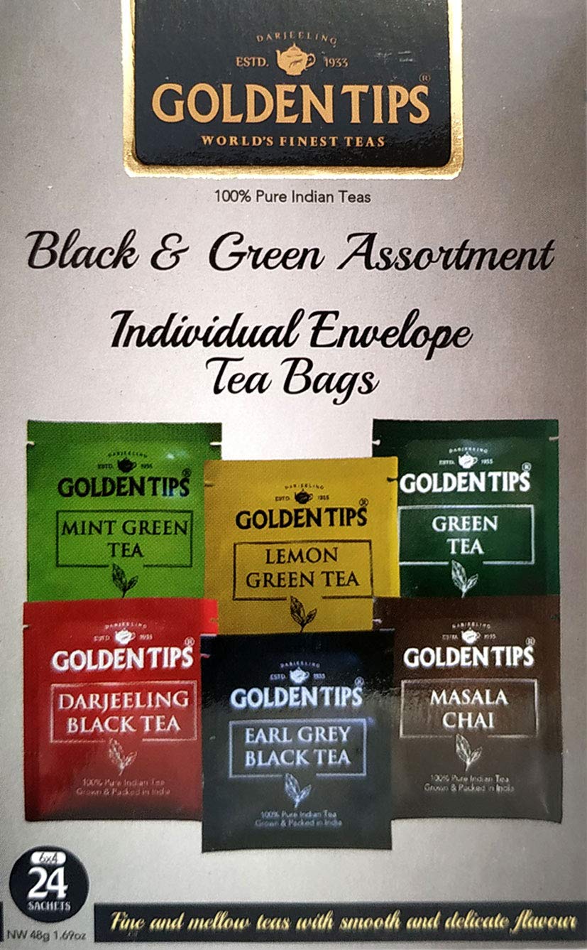 Golden Tips-Tea Bags 100% Pure Indian Black & Green Assortment Individual Tea Bags | 24 Tea Bags | 48 Grams