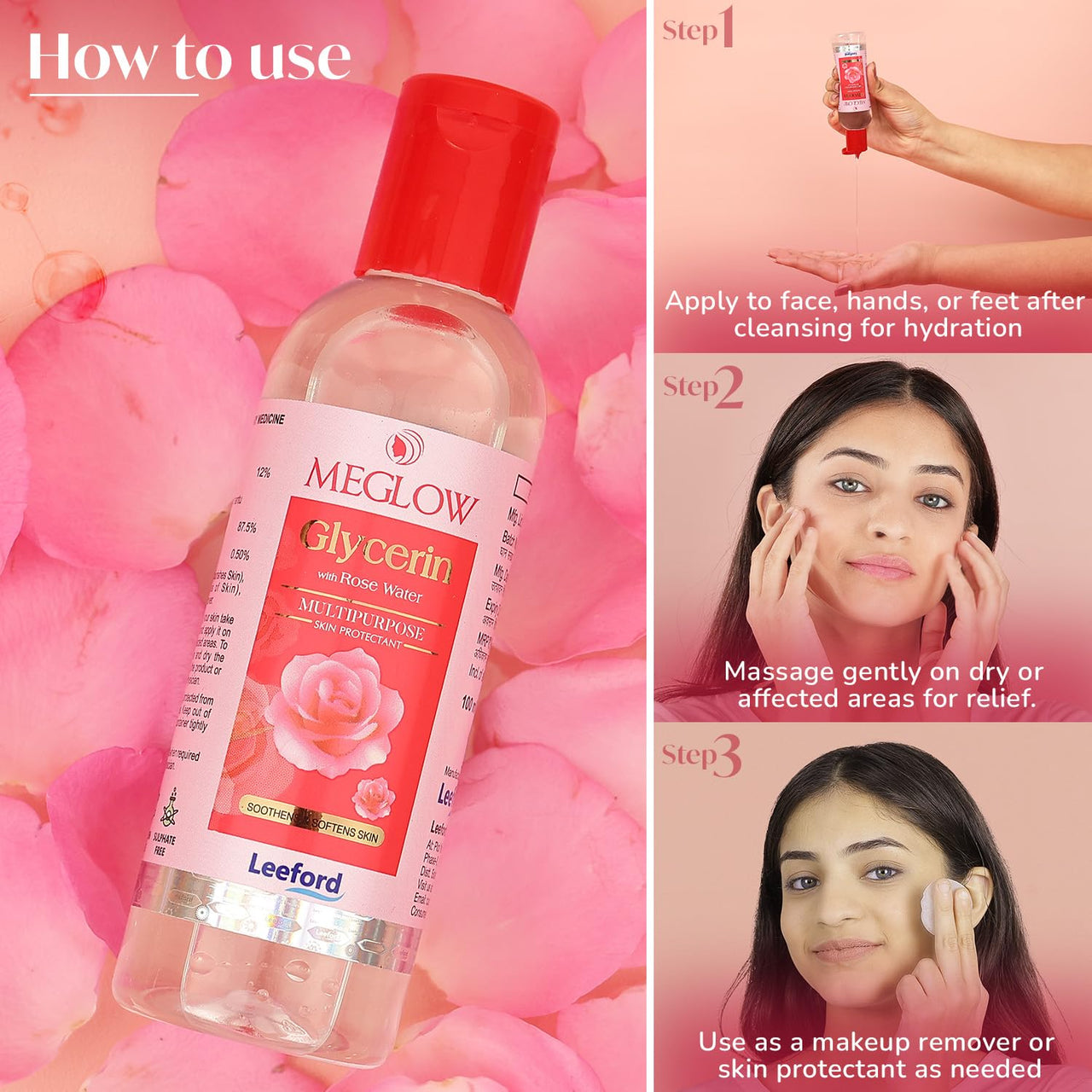 Meglow Rose Water | Hydrating & Nourishing Toner for Refreshing Glow | Enriched with Pure Rose Extracts & Glycerin | Soothes, Tones & Restores Skin’s Natural Balance Pack of 4 (60ml each)