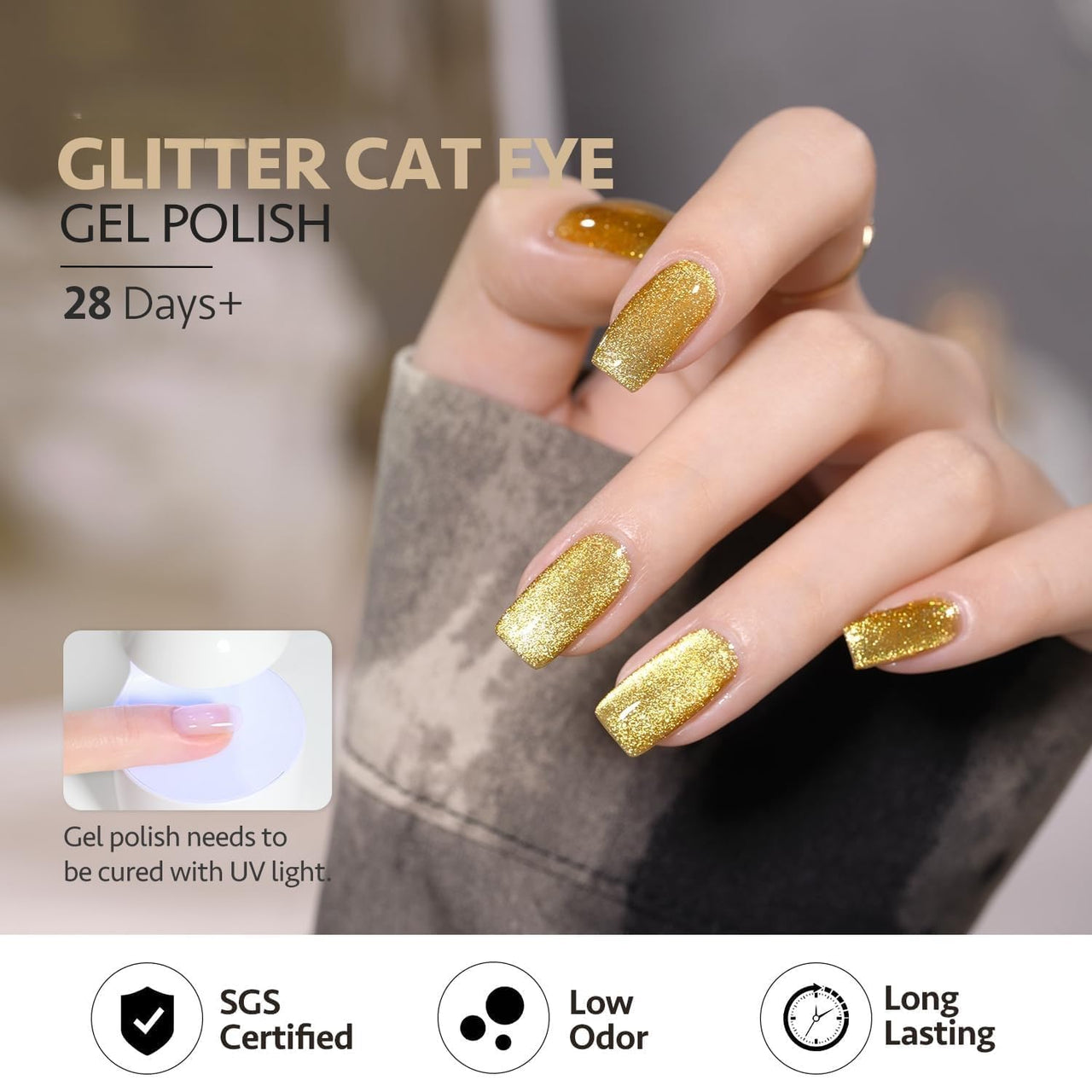 Bolt Bee 9D Cat Eye Gel Nail Polish Magnetic Soak Off UV/LED Gel, Long-Lasting, High Shine, Glitter Effect, Salon & DIY Manicure 9ml (Gold)