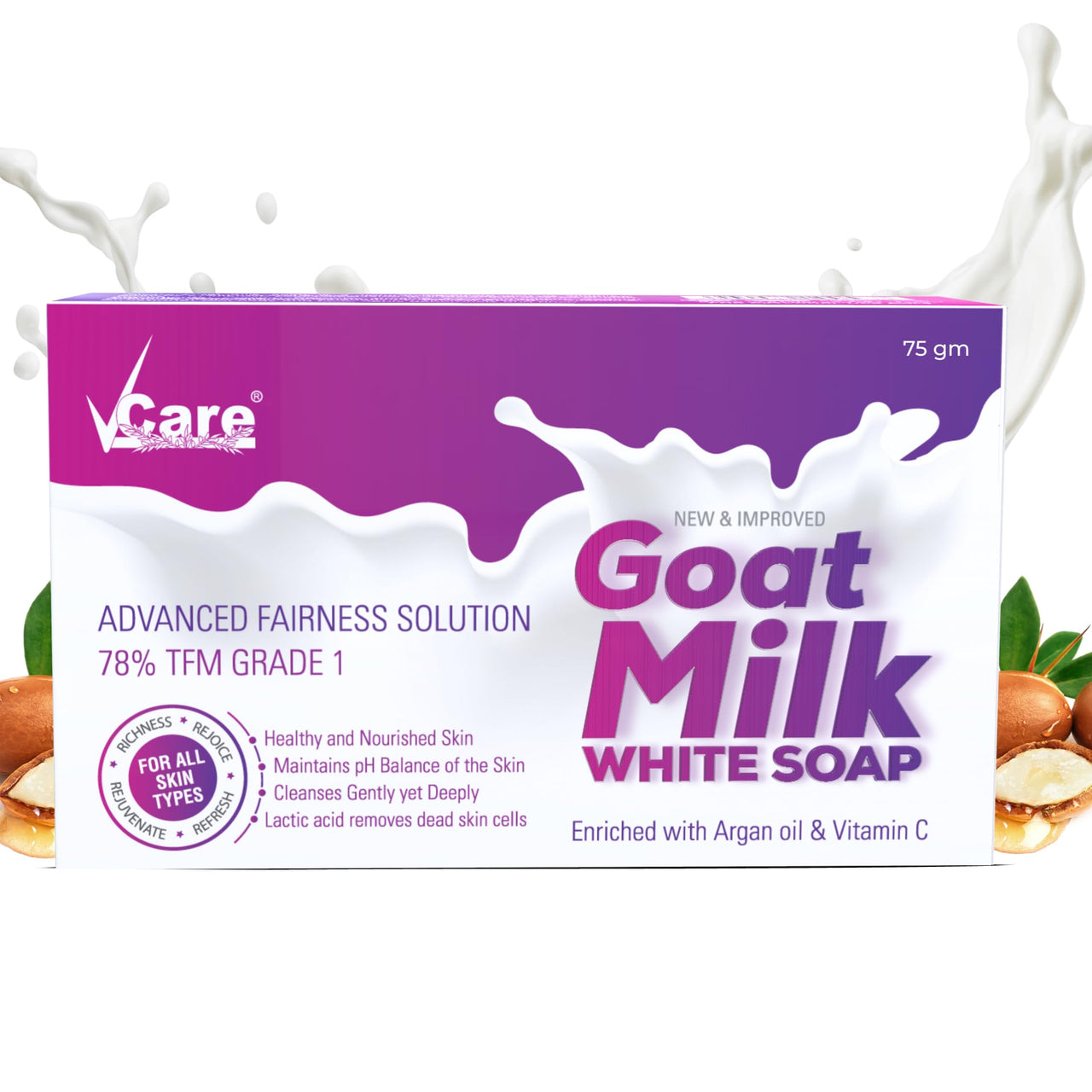 VCare Goat Milk Soap For Women & Men with Vitamin C Argan Oil for Deep Exfoliation and provides hydration | Sulfate & Paraben Free Bathing Soap Bar - 75 gms (Pack of 3)