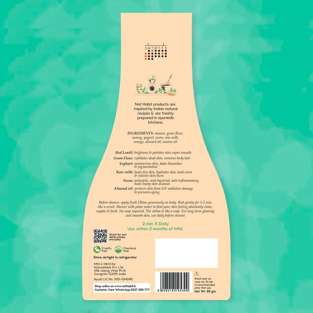 Nat Habit Fresh Masoor Rub Bath Ubtan, 2 Minute Body Scrub For Skin Softening & Radiance, Acne Control, Hydration, Wrinkle Protection, Ayurvedic Inspired, 80 g Each (Pack of 2)