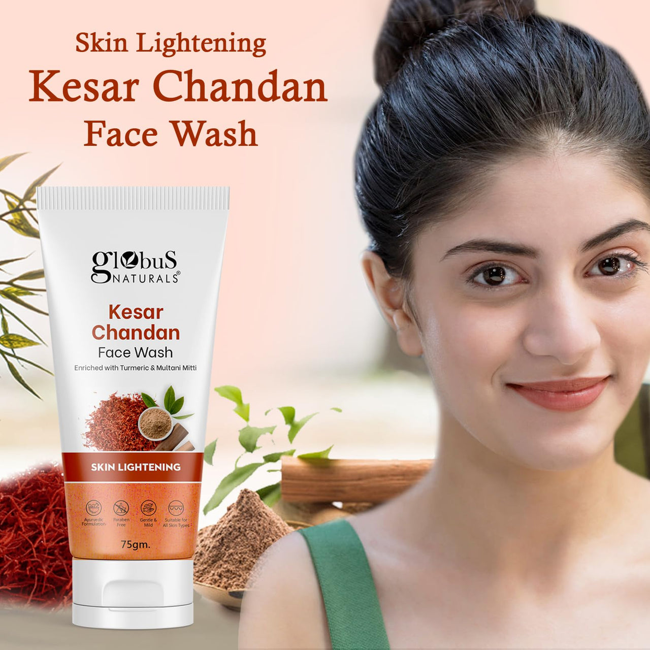 Globus Naturals Kesar Chandan Skin Lightening & Tan Removal Face wash, For Natural Glow & Spotless Skin, Suitable For All Skin Types, 75 ml (Pack of 2)