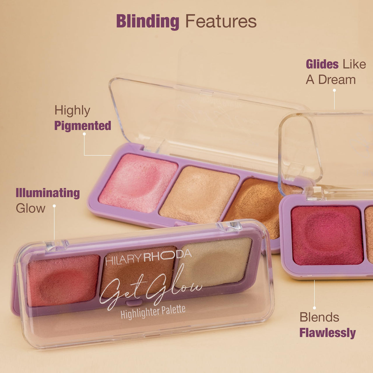 Hilary Rhoda Get Glow Highlighter Palette | Ultra Blendable & Long Lasting | Shimmer Finish & Illuminating Glow | Highly Pigmented & Easy To Blend Shades | 3 Shades in 1 Palette - 15g (Shade - 03)