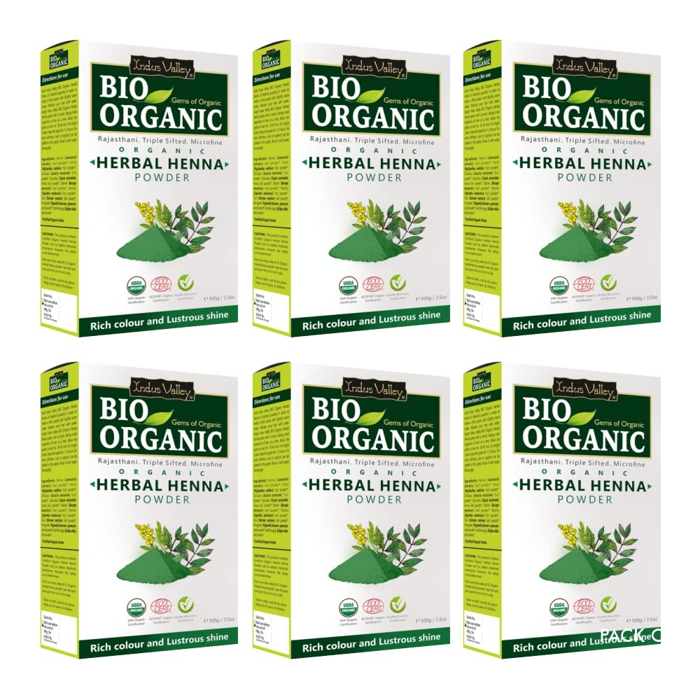 INDUS VALLEY 100% Certified Organic Herbal Henna Powder, 100g each (Pack of 6) - Green