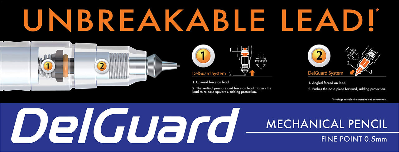 DelGuard Mechanical Pencil, Fine Point, 0.5mm, White Barrel, Lead Refills, Refillable, 3-Pack (58613) White/White/White