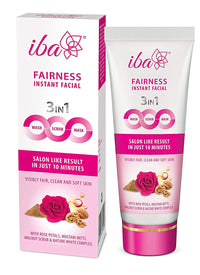 Iba 3in1 Wash, Scrub, Mask Fairness Instant Facial 100g with Rose Petals, Multani Mitti & Walnut For Scrub, Removes Tan, Fairness & Brightens Skin, Gives Instant Glow | Halal Certified & Vegan