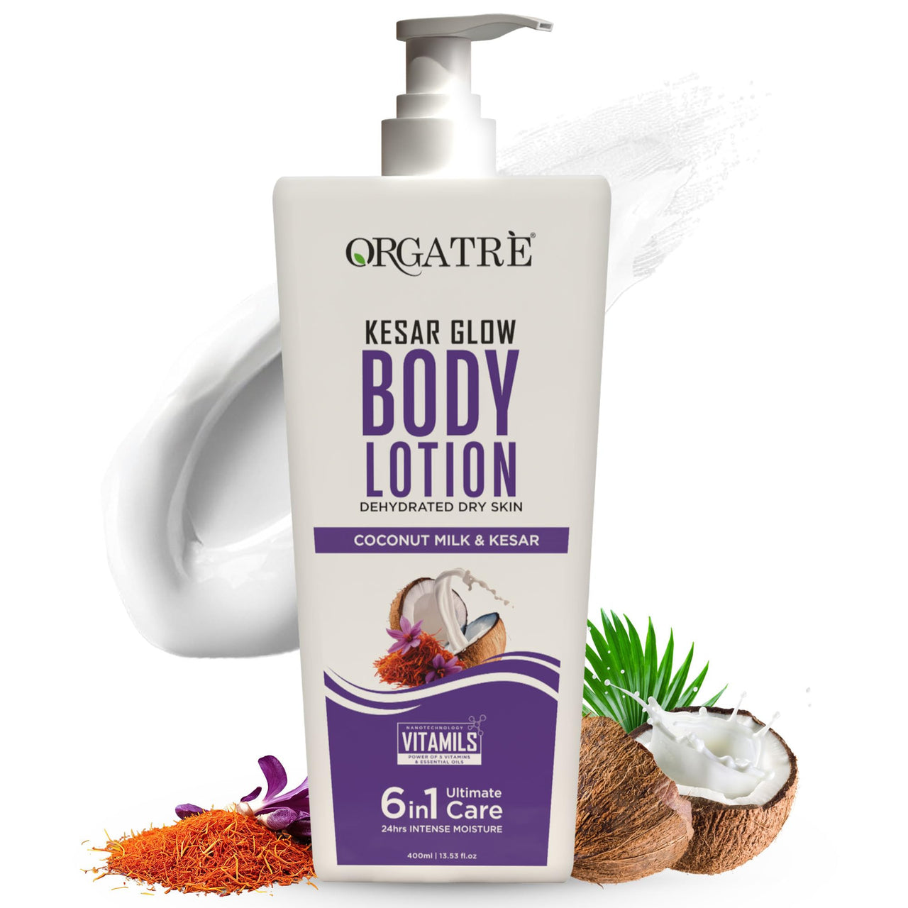 ORGATRE Kesar Glow Body Lotion for Dry Skin | Coconut Milk & Saffron | Deep Moisturization & Brightening | 24H Intense Hydration | For Women, Men & Kids | Antioxidant Protection – 400ml