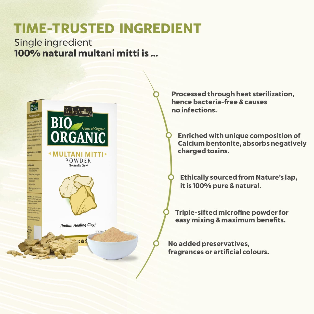 INDUS VALLEY Bio Organic Multani Mitti Powder For Skin, Hair | Fuller's Earth | Bentonite Clay For Glowing Skin, (300g+50g)