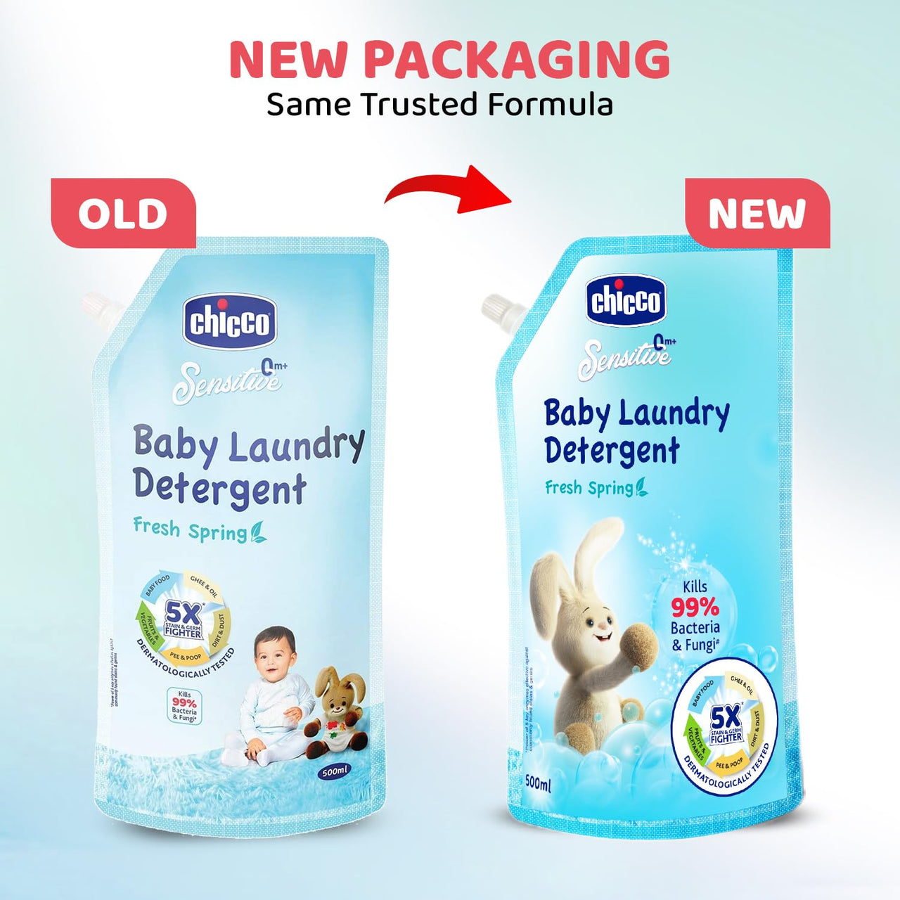 Chicco Baby Liquid Laundry Detergent, 5X Stain & Germ Fighter, Kills 99% of Germs, Dermatologically Tested, Effective & Gentle Cleaning, Fresh Springs, Refill pack (500 ML)