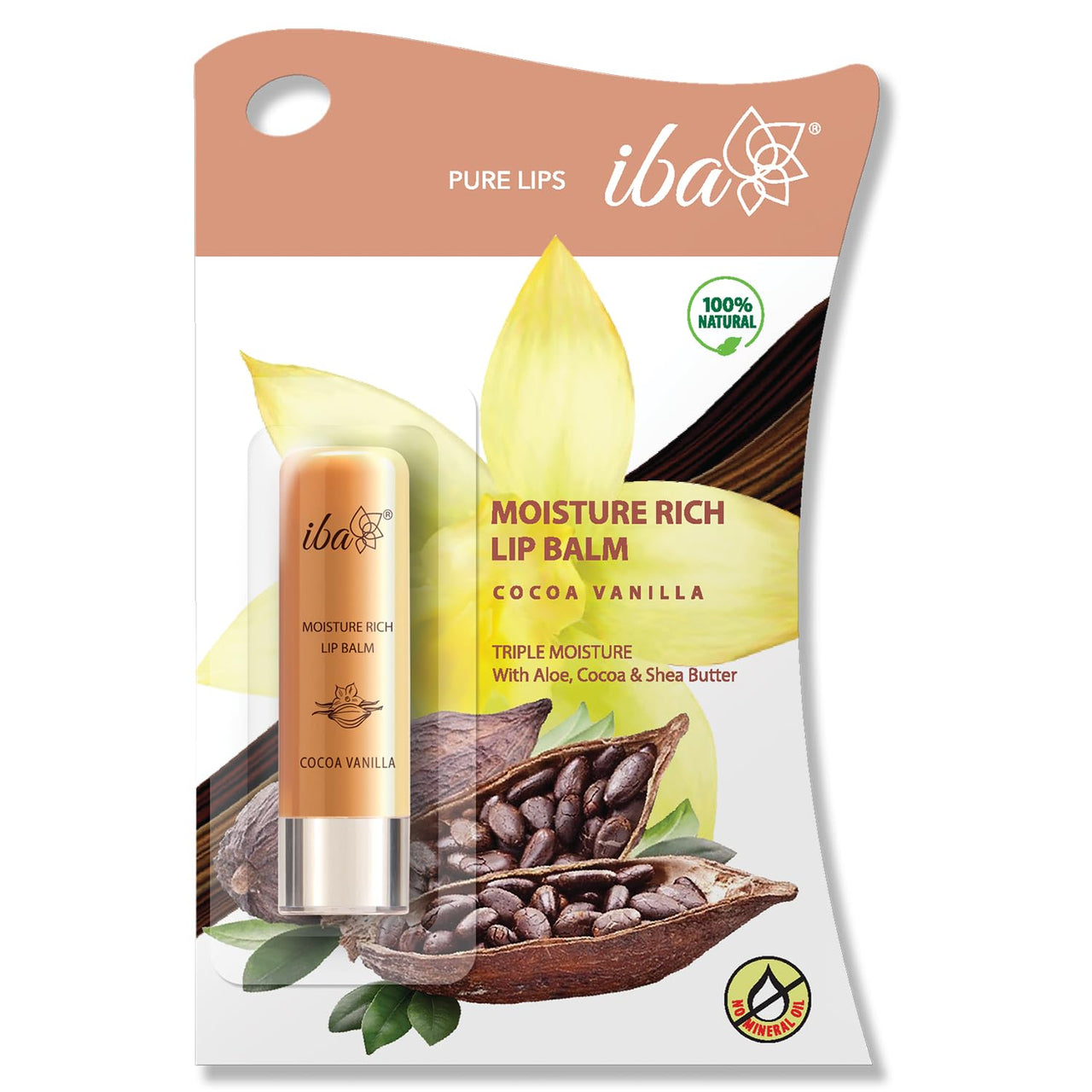 Iba Pure Lips Moisture Rich Lip Balm - Cocoa Vanilla 4.5 g | For Pigmented Dry Damaged & Chapped Lips | Enriched with Cocoa Butter Shea Butter | Glossy Finish | 100% Natural | Halal Certified & Vegan