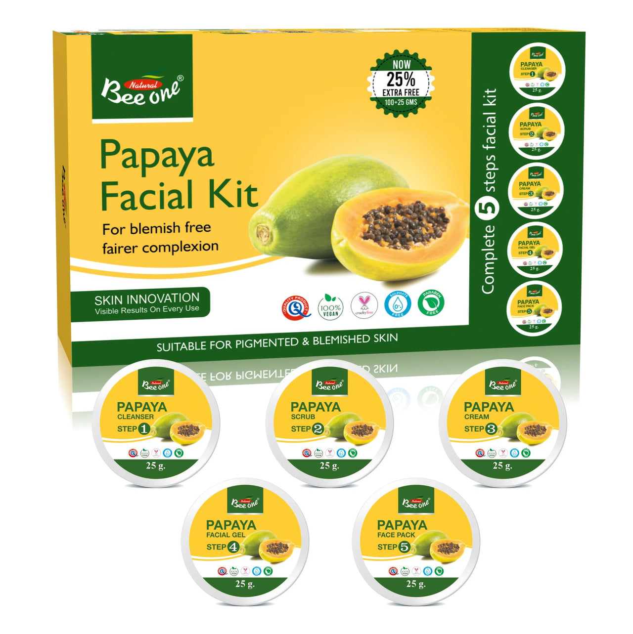 Bee One Facial Kit for Radiant Skin and Youthful Glow 125g Beeone Fights pigmentation and prevents Acne | Suitable for All Skin Types | Get upto 5 uses in this 1 Kit (Papaya)