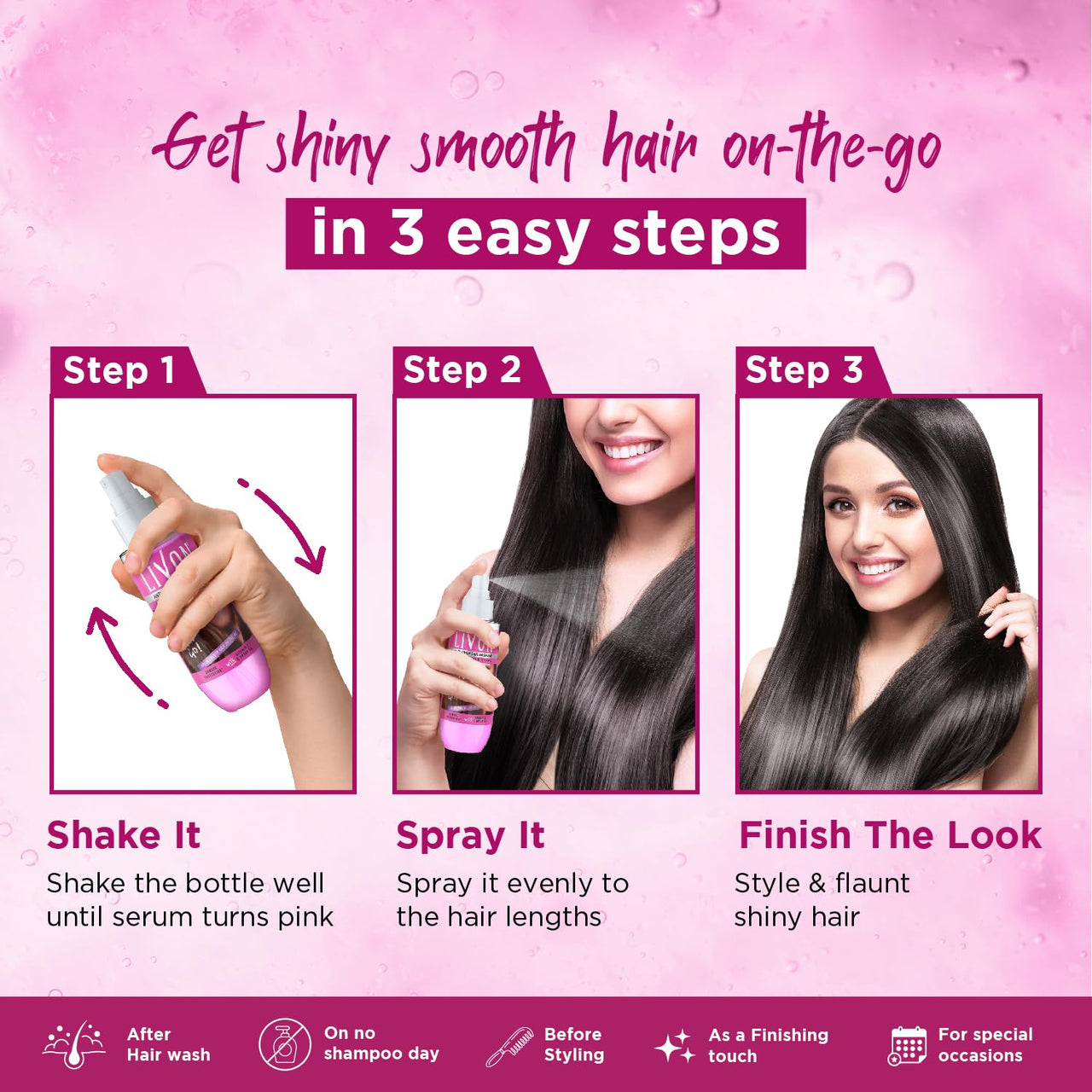 Livon Shake & Spray Serum for on-the-go hair | Provides instant shine, frizz control & damage protection | Spray serum for women & men | With Vitamin E & Argan Oil | 50ml