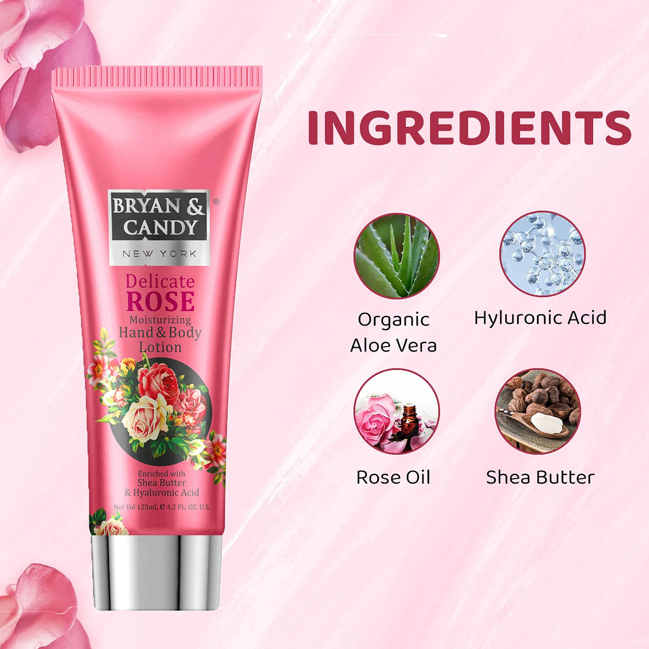 Bryan & Candy Delicate Rose Moisturizing Hand and Body Lotion Enriched with Shea Butter & Hyaluronic Acid for Smooth, Moisturized Skin (125ml)