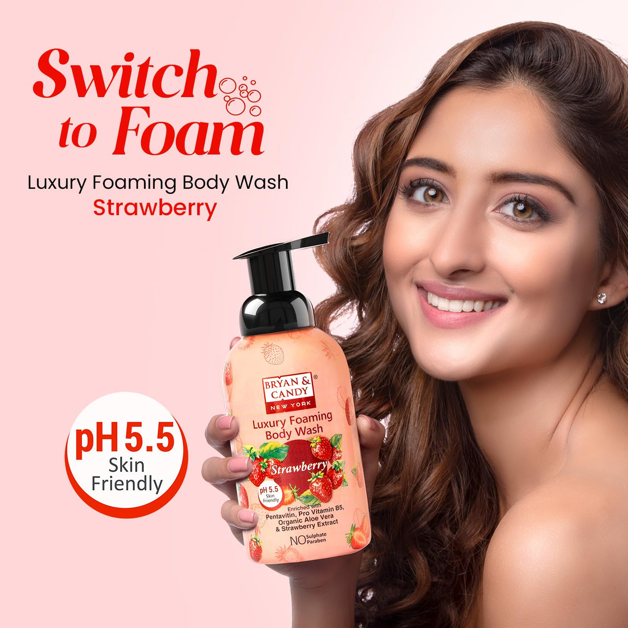 Bryan & Candy Luxury Foaming Body Wash with Pentavitin, Pro Vit B5, Argan Oil, Skin Friendly pH 5.5, All Skin Types, 400 Ml (Strawberry)
