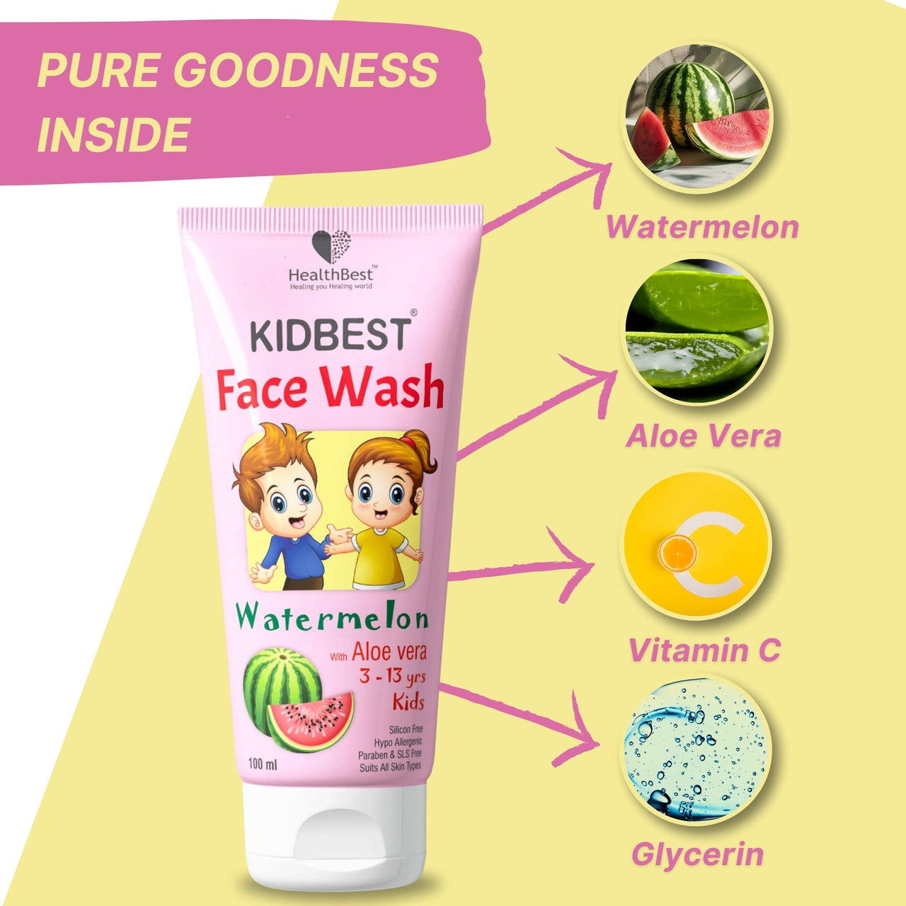 HealthBest Kids Multivitamin Face Wash - Natural, Non-Toxic 100ml, Organic Watermelon for Normal, Gentle Sensitive & Dry Skin Types | Tear, Paraben, SLS Free, Pack of 1