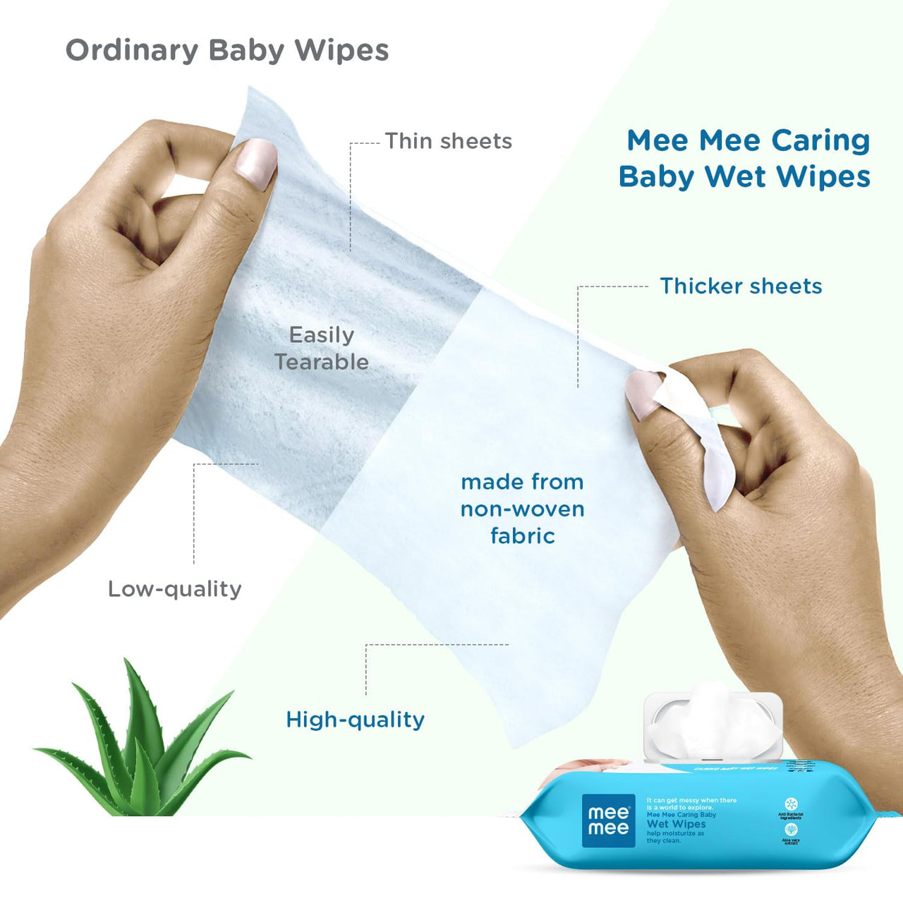 Mee Mee Caring Baby Wet Wipes with lid, 72 Pcs (Aloe Vera, Pack of 3)