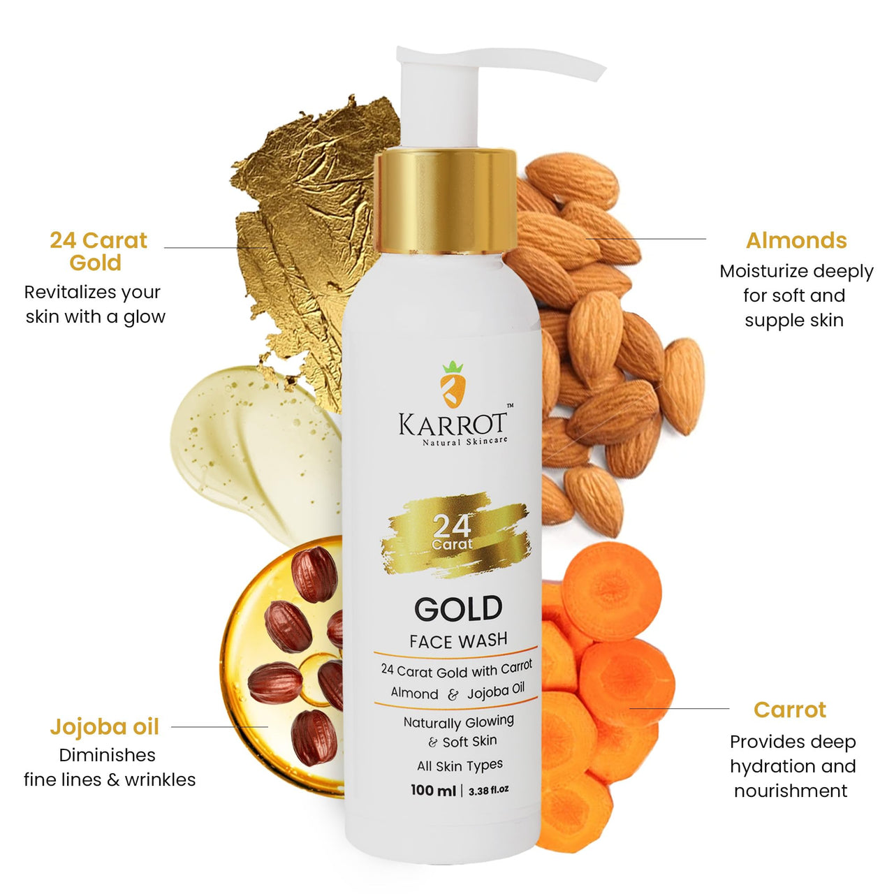 Karrot Natural Skincare Face Wash for Glowing Skin, Boosts Radiance, 24 Carat Gold with Hyaluronic Acid, Carrot, Almond, and Jojoba Oil, For Women and Men, Suitable for All Skin Types, 100 ml
