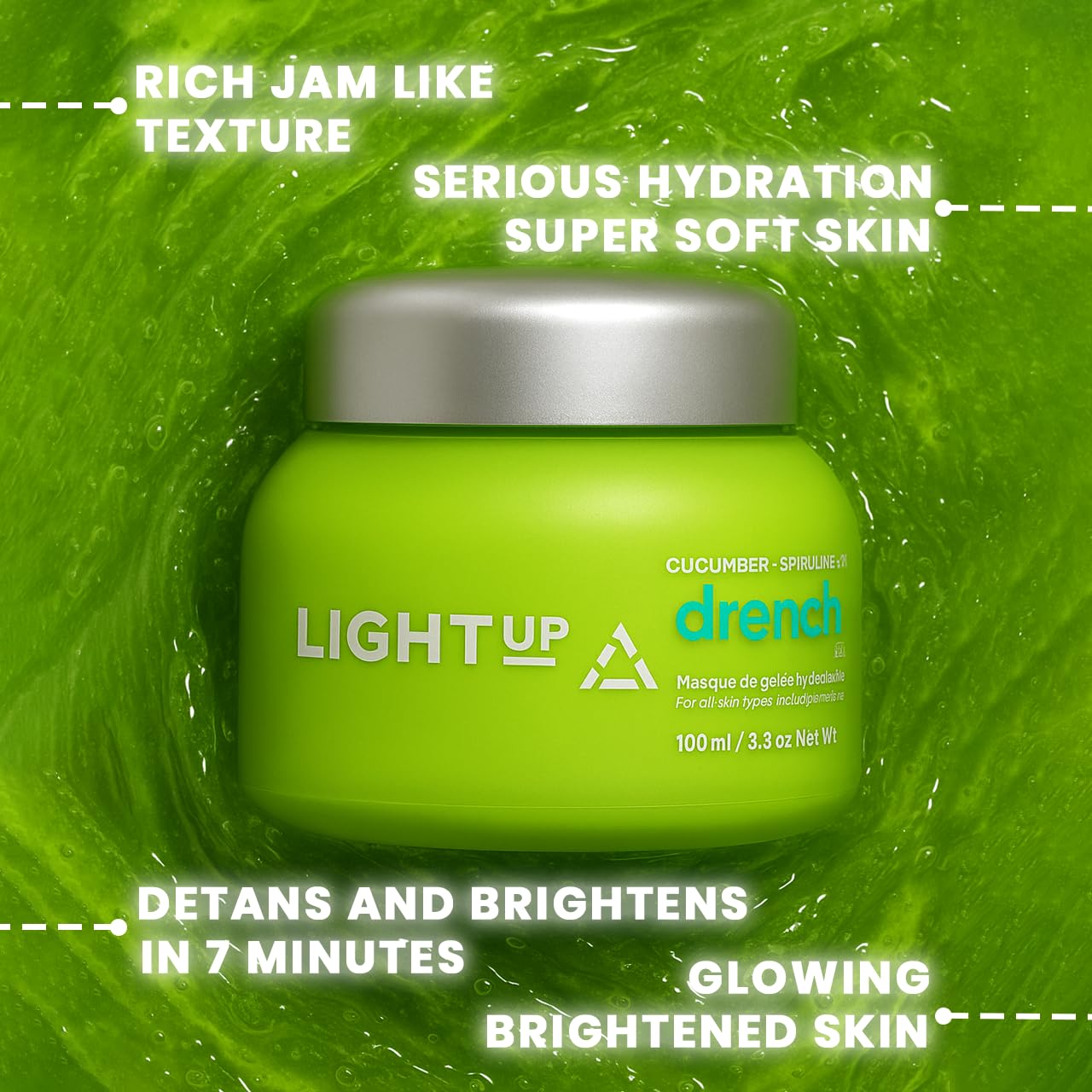Light Up Drench Hydrating Jelly Mask for Glowing Skin, De-tanning, Brightening, Natural Radiance, Refreshing, Hydrating, Chlorophyll, Cucumber, Spirulina, Rosewater, Aloe Vera - 100 ml Face Pack