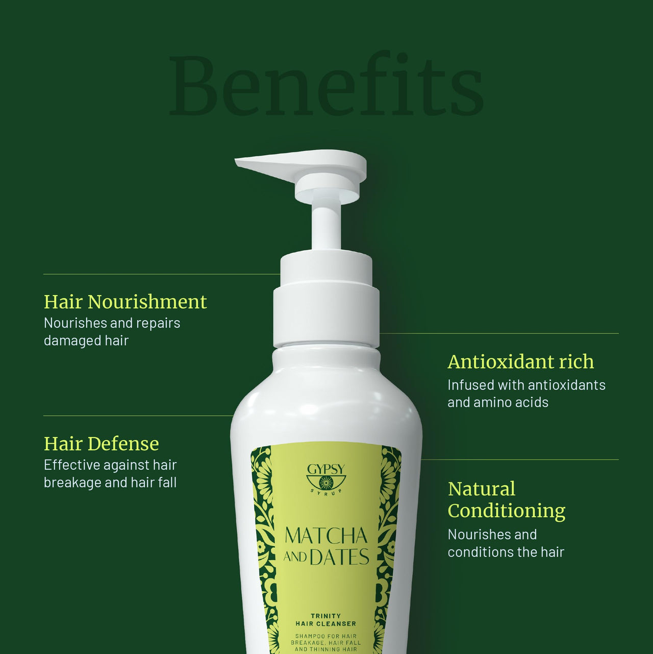 Gypsy Syrup Matcha and Dates Shampoo For Hair Breakage | Hairfall and Thinning Hair Revitalizes hair, enhances elasticity and nourishment | Trinity Hair Cleanser - 300g