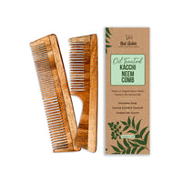 Nat Habit Kacchi Neem Wooden Comb, Soaked In 17 Herbs Neem, Castor & Coconut Oil For Multi-Actions Detangling, Frizz Control & Shine (Dual Tooth & Fine Tooth) Combo Pack of 2