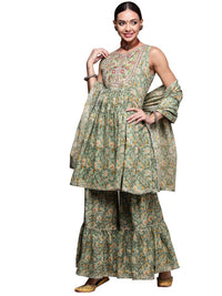 anubhutee Women's  Green Mirror Work Embroidered Printed Kurta Set with Sharara and Dupatta L