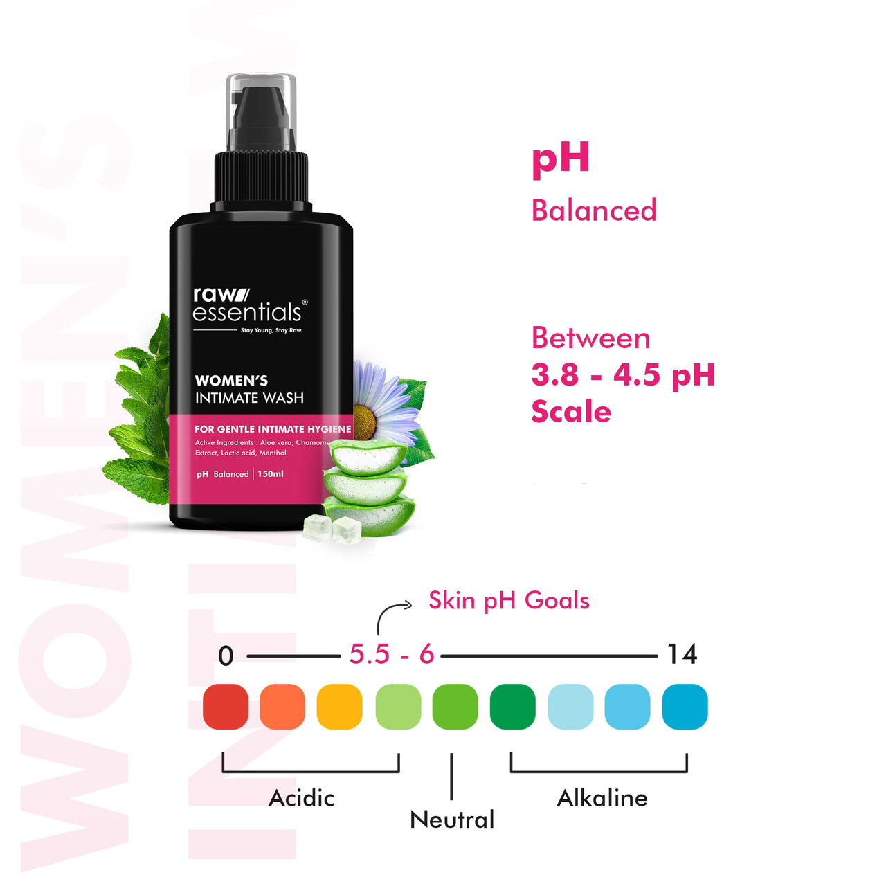 Raw Essentials Intimate Wash For Women 150 ml - For Gentle Intimate Hygiene | Removes Odour | Lightens Inner Thighs | Balances pH Level | SLS & Paraben Free | Natural Active Ingredients