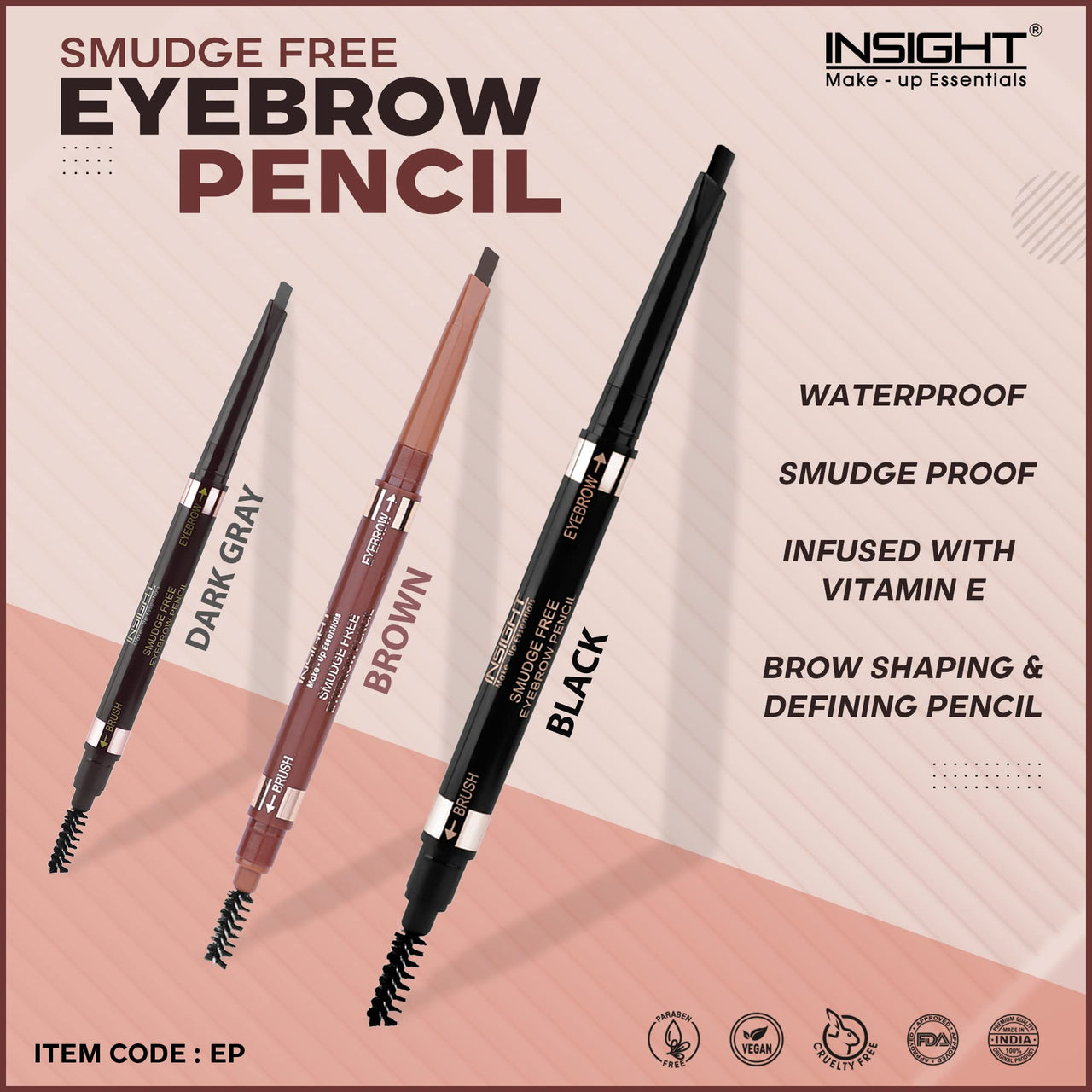 INSIGHT COSMETICS SMUDGE FREE EYEBROW PENCIL (Brown) & Insight Non Transfer Lip Color Combo
