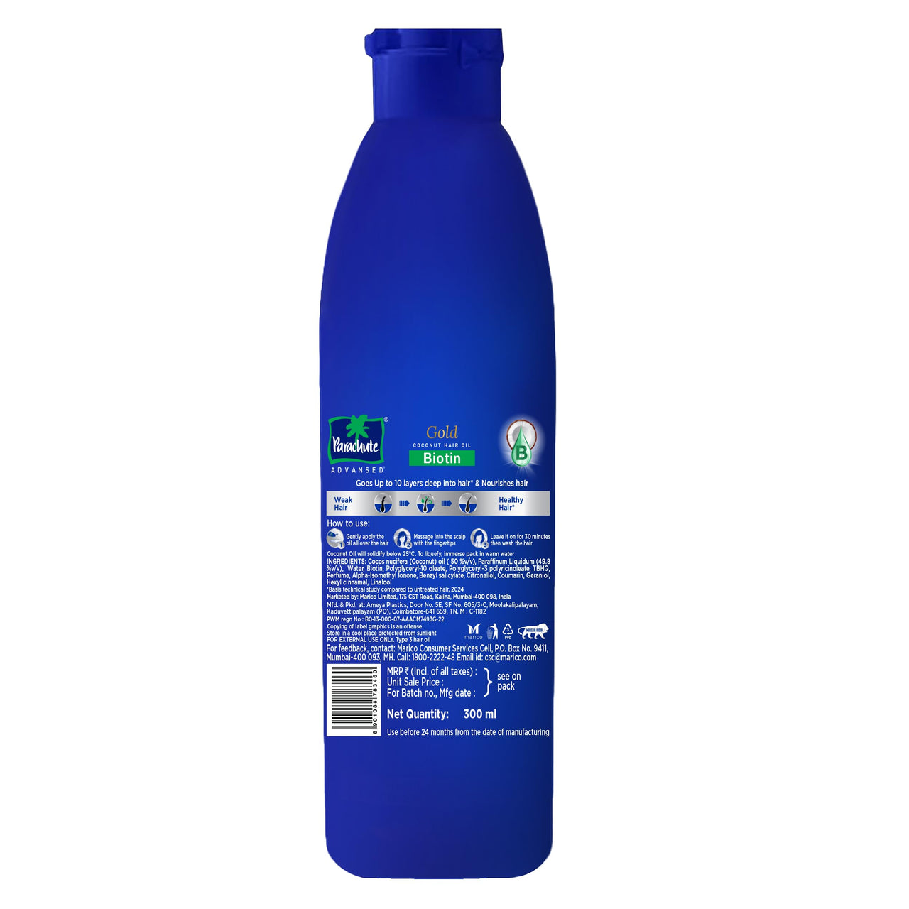 Parachute Advansed Gold Biotin & Coconut Hair Oil | Deep Nourishment for Fuller Hair| No Paraben or Silicone | 300ml