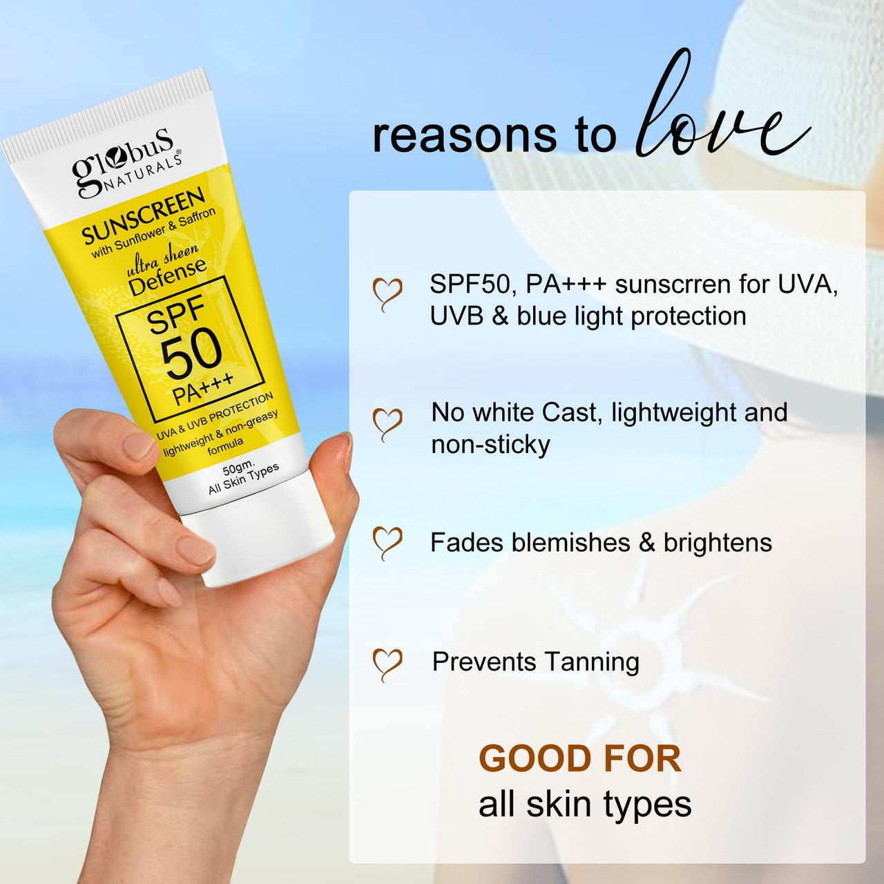 Globus Naturals Sunscreen with Ultra Sheen Defense, SPF 50 PA+++, UVA & UVB Protection, Lightweight & Non-greesy Formula, Normal to Oily Skin, 50 gm (Pack of 3)