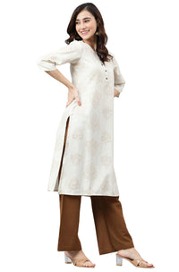 Janasya Women's  Beige Cotton Flex Kurta With Palazzo