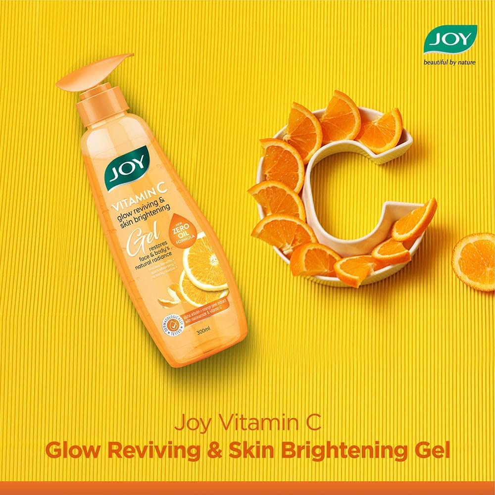 Joy Vitamin C Gel | Glow Reviving & Skin Brightening Gel | With Orange Peel extract, Alpha-arbutin, Anti Tan, Sun Protection, Skin Moisturizer for Face & Body, No Parabens | For All Skin Types 300 ml