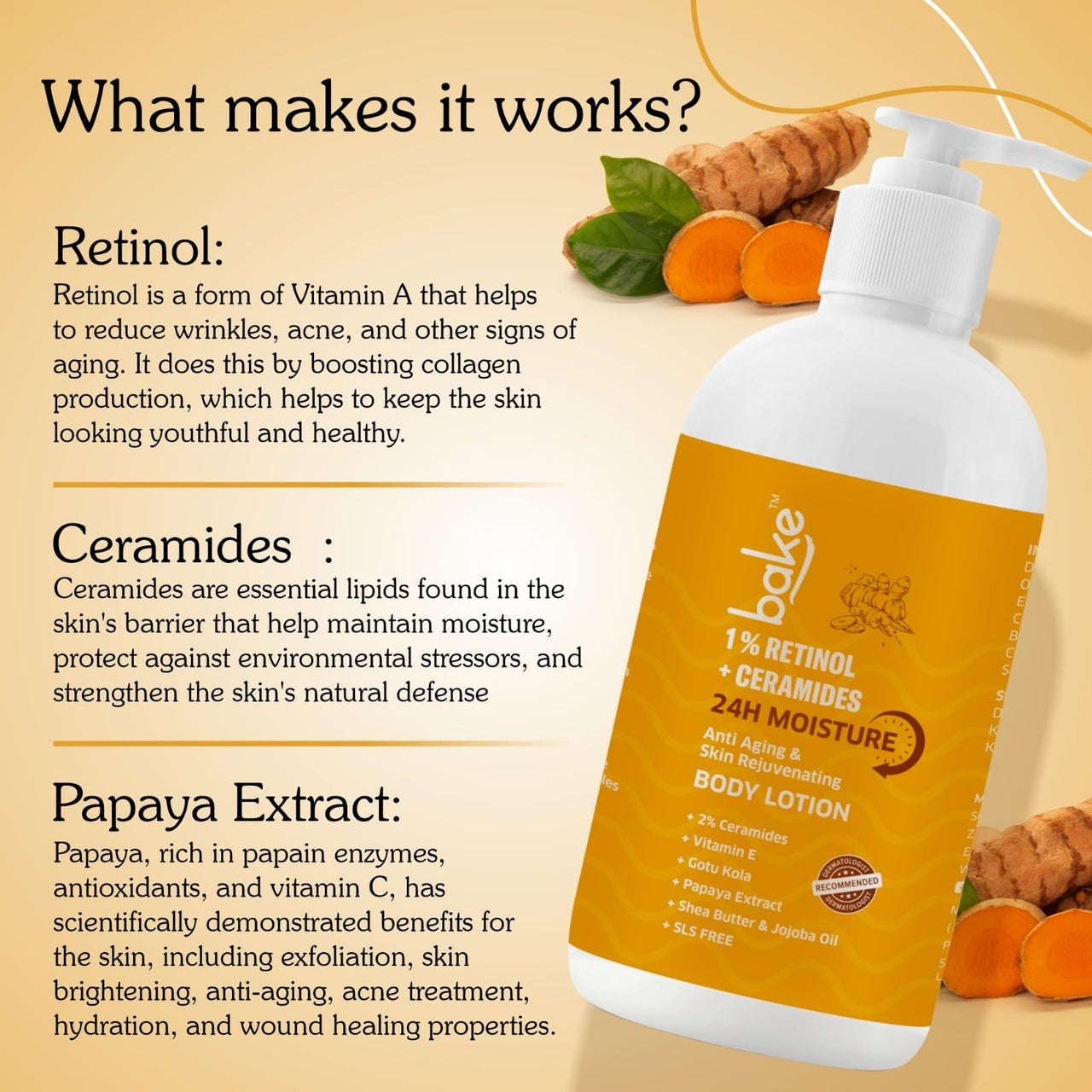 BAKE 1% Retinol + Ceramide Body Lotion For Dry, Aging Skin | Reduce Fine Lines & Wrinkles, Skin Tightening & Boosts Collagen Production | For Women & Men | 200Ml