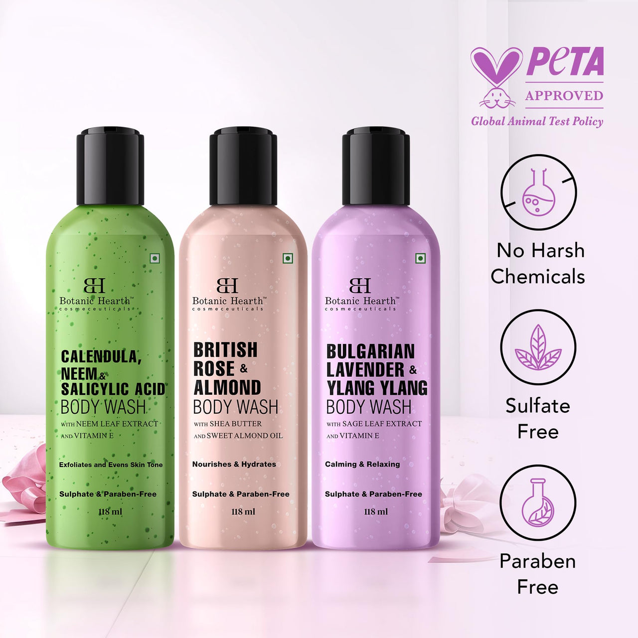 Botanic Hearth Body Wash Set of 3 – British Rose, Neem & Lavender | Hydrating & Purifying Shower Gel | Deep Cleansing, Refreshing & Nourishing | For All Skin Types | 118ml Each
