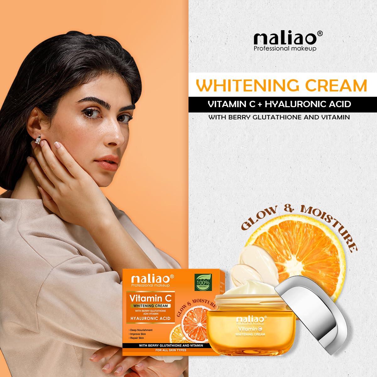 Maliao Whitening Cream with Vitamin C, Berry Glutathione & Hyaluronic Acid (Improve Skin, Deep Nourishment, Repair Skin, All Skin Types)