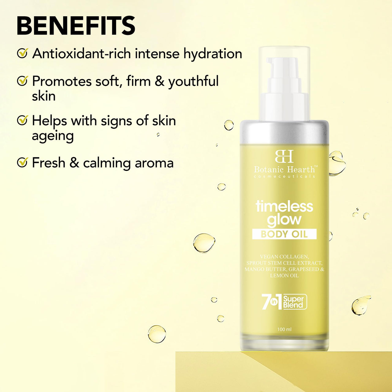 Botanic Hearth Timeless Glow Body Oil 100 ml - Anti-Aging Hydrating Oil with Vegan Collagen, Sprout Stem Cell Extract, Mango Butter, Grapeseed & Lemon Oil for Soft & Youthful Skin for Men & Women - in a Premium Glass Bottle