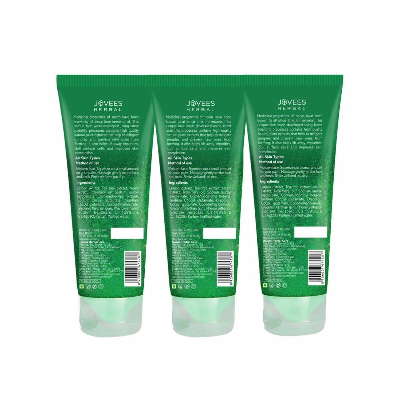 Jovees Herbal Neem Face Wash For Clear Skin with Neem & Tea Tree Ext | Gentle For Acne-Prone Skin | Controls Oil, Pimples and Dark Spots | Acne Control Cleanser For All Skin Type - 120ml (pack of 3)