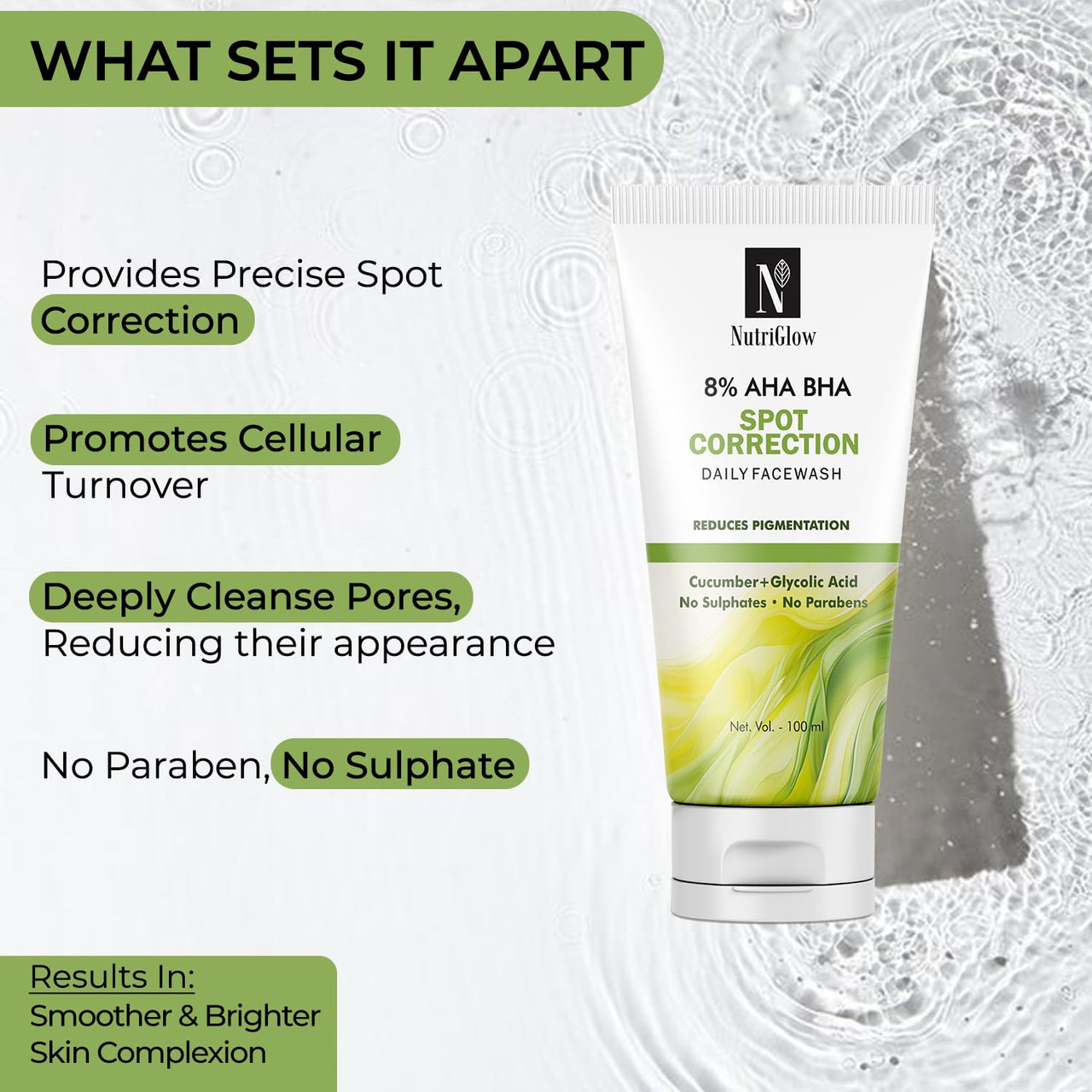 NutriGlow 8% AHA BHA Spot Correction Daily Face Wash, Gentle Exfoliating Formula with Cucumber, Glycolic Acid, All Skin Types For Men And Women (100ml) Pack of 2