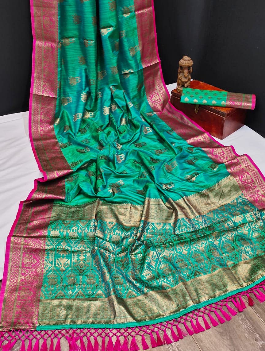 NK Textiles Women's  Elephant Motifs Woven Kanjivaram Ghicha Tussar Silk Saree with Fancy Tassels
