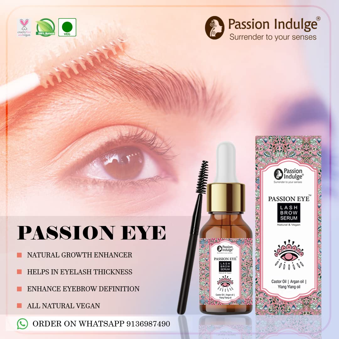 Passion Indulge Eye Lash Brow Serum for Eyebrow and Eyelashes with Castor, Argan, Ylang Ylang and Lavender Oil - 10ml | Growth of Eyebrow and Eyelashes | Maintain the Thickness, White, 50 g