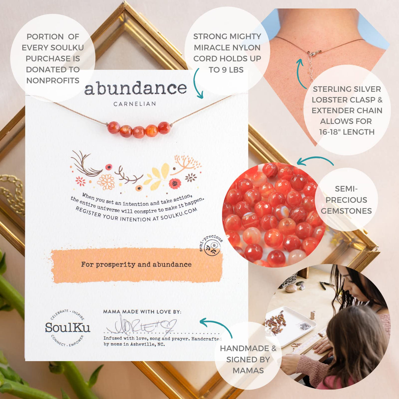 ﻿﻿SoulKu Gemstone Necklace, Handmade Healing Crystal Jewelry, Motivation Jewelry For Women, Five Faceted Gemstone Beads, 16" Nylon Cord plus 2" Extender with Lobster Clasp (Carnelian, Abundance) Carnelian