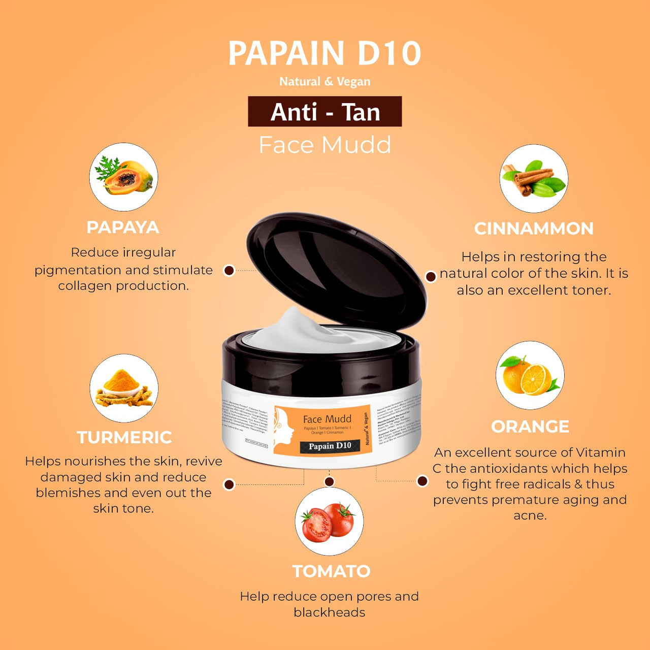 Passion Indulge Papain D10 Natural Face Mudd Pack for Tan Removal and Uneven Skin Tone| 100% Natural | 100% Vegetarian | Aromatherapy | Peta Certified - 250gm